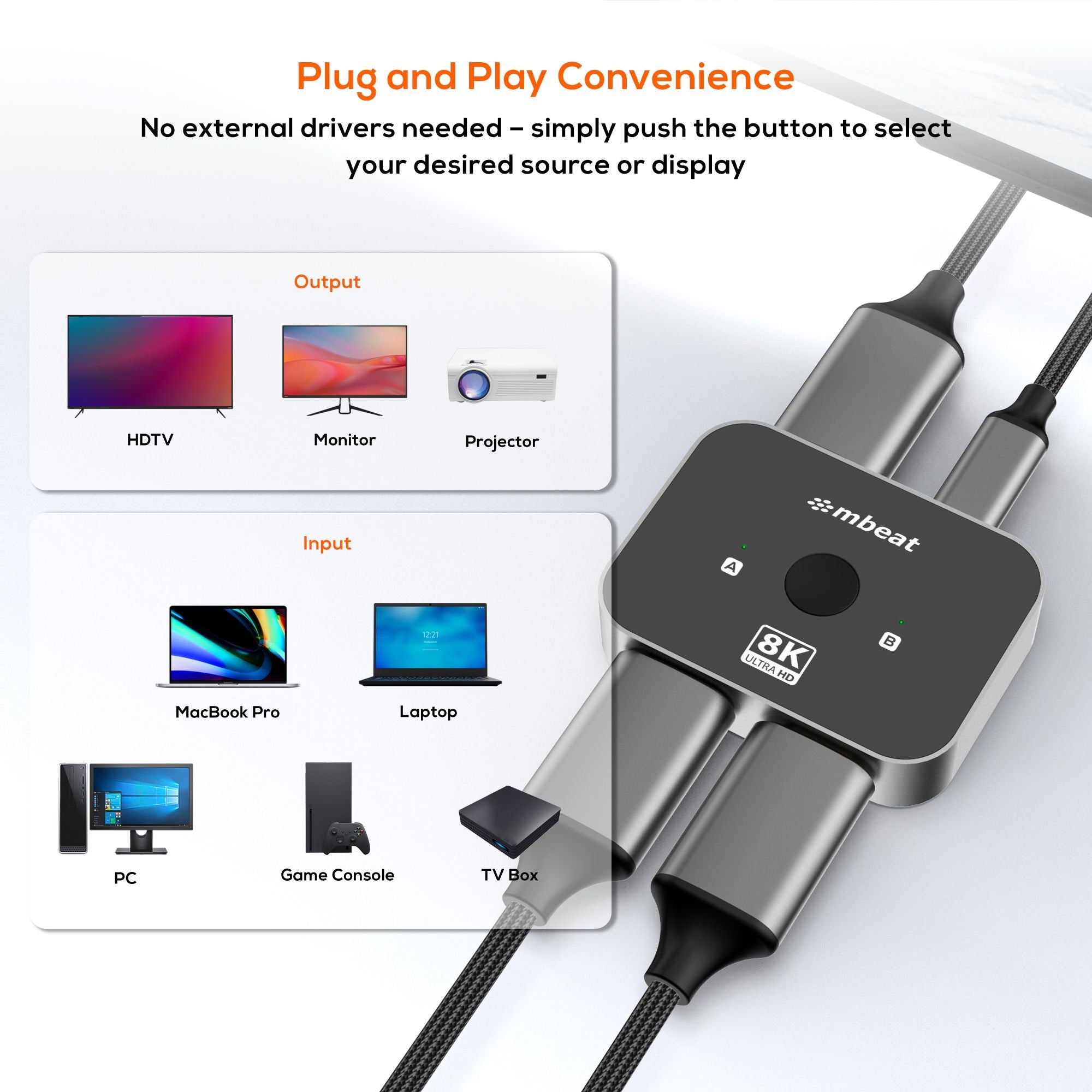 mbeat® 8K Bi-directional HDMI 2.1 Switch 2 In 1 Out/1 In 2 Out  8K@60Hz resolution, plug-and-play convenience  USB-C power input Maximum 8K/60Hz - Image 3