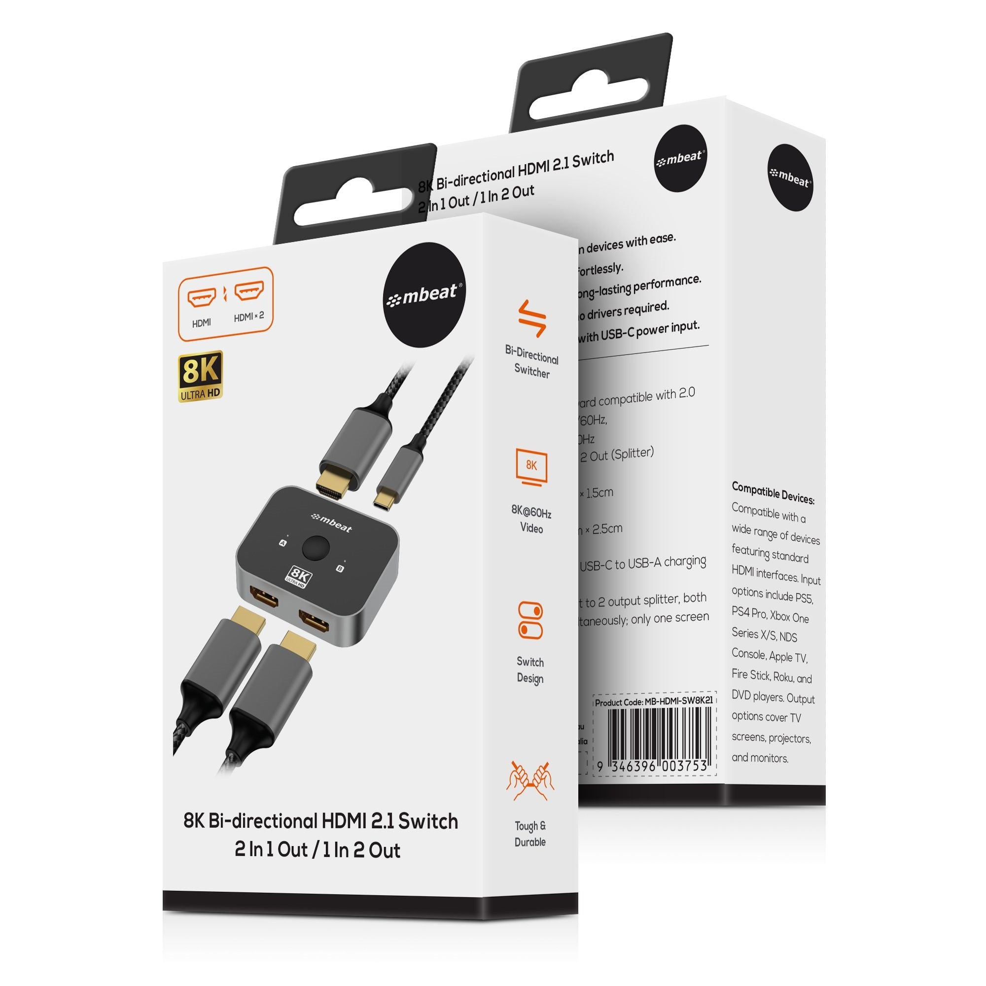 mbeat® 8K Bi-directional HDMI 2.1 Switch 2 In 1 Out/1 In 2 Out  8K@60Hz resolution, plug-and-play convenience  USB-C power input Maximum 8K/60Hz - Image 4