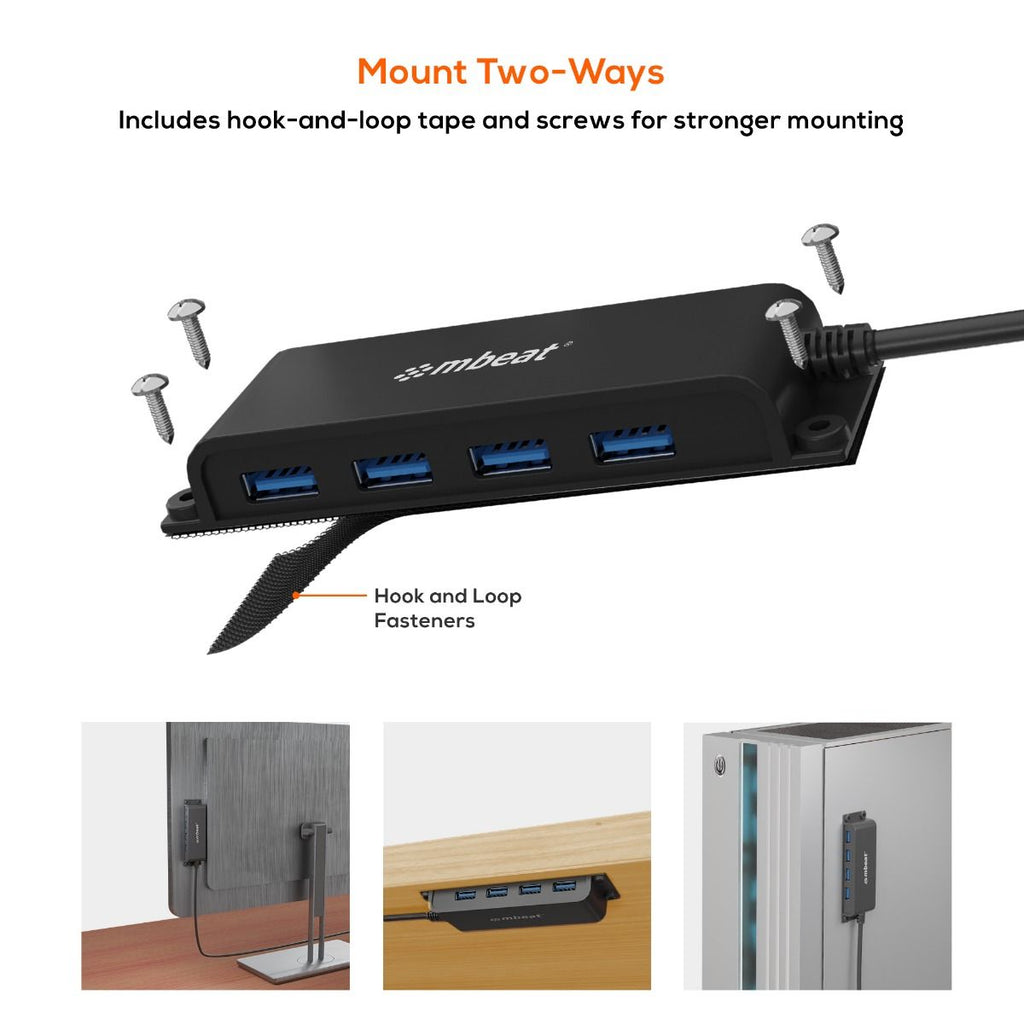 mbeat® Mountable 4-Port USB-A & USB-C Adapter Hub - 60cm Data Cable, USB 3.0, 2.0 High-Speed Data Port Expansion, Save Space Mounting Solution - Image 2