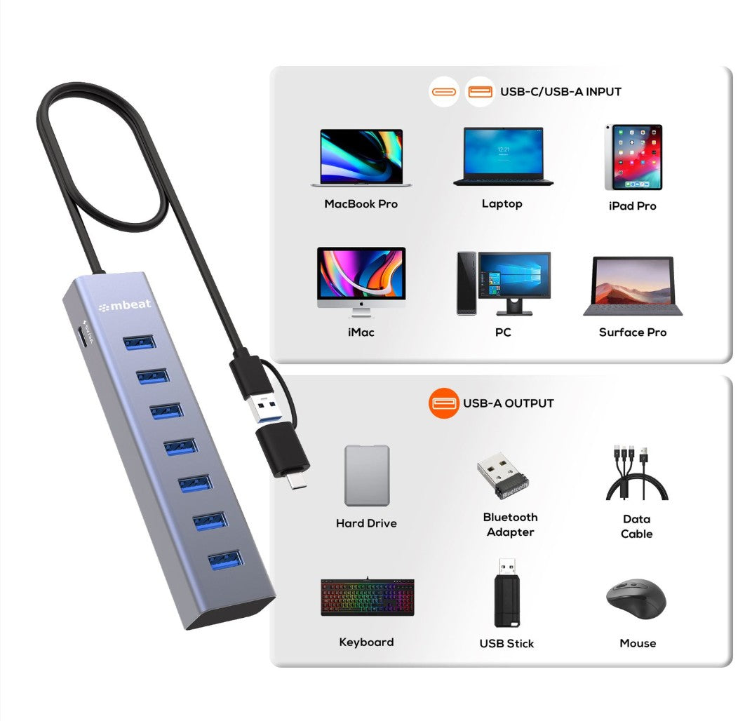 mbeat® 7-Port USB Hub with Dual USB-A & USB-C Connector 7 High-Speed USB 3.2 Gen 1 Ports - Image 3