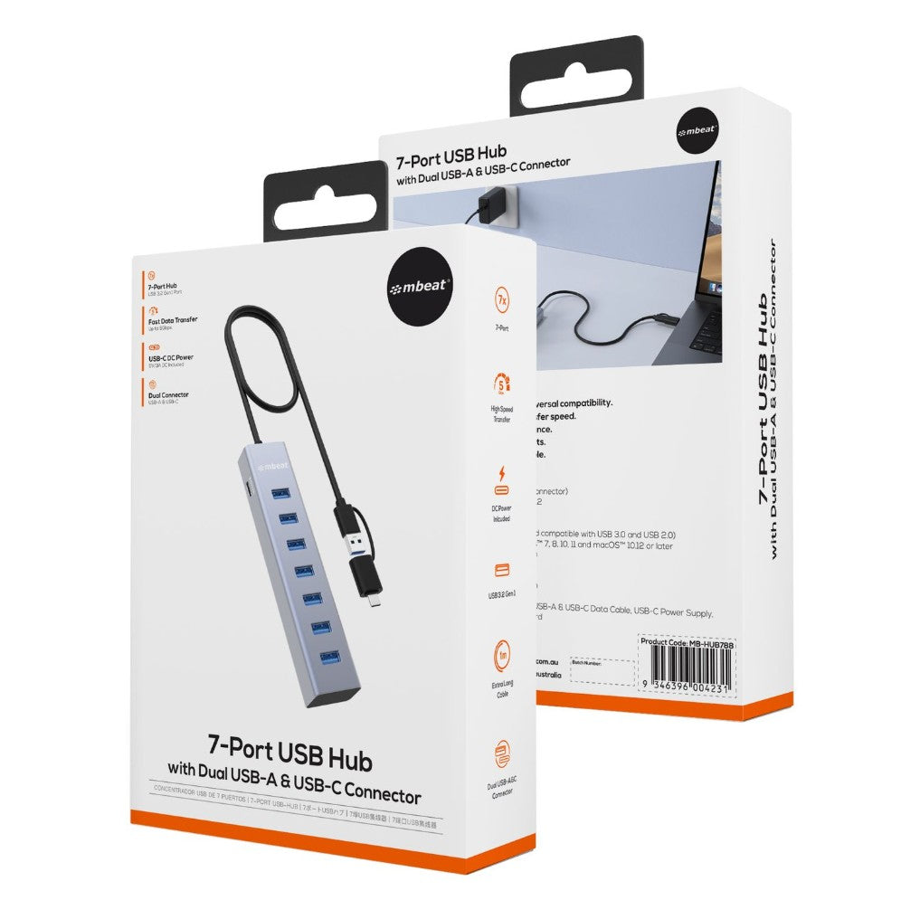 mbeat® 7-Port USB Hub with Dual USB-A & USB-C Connector 7 High-Speed USB 3.2 Gen 1 Ports - Image 4