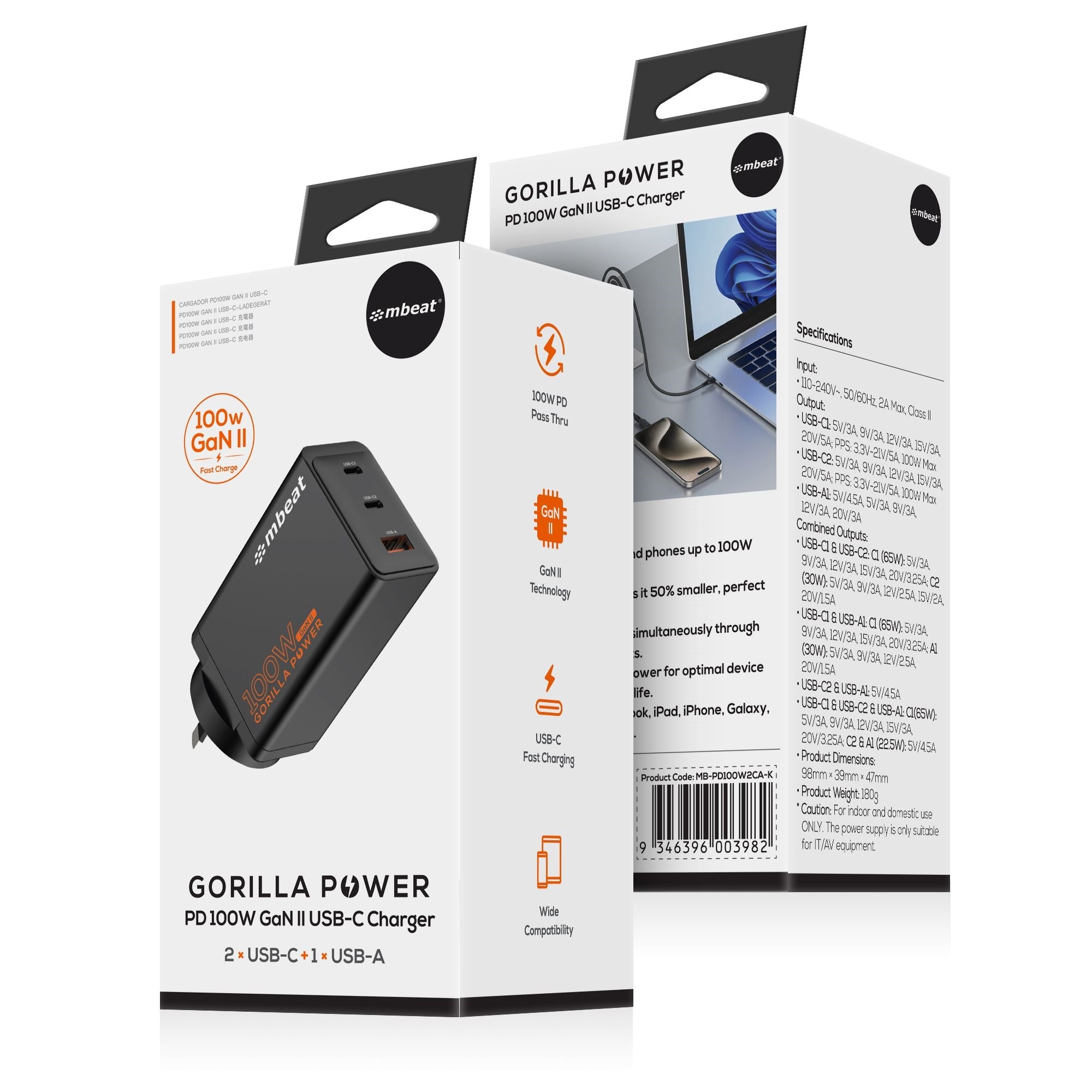 mbeat® Gorilla Power PD 100W GaN II USB-C Charger 50% smaller than the standard Supports a wide range of devices Product Weight: 180g - Image 4