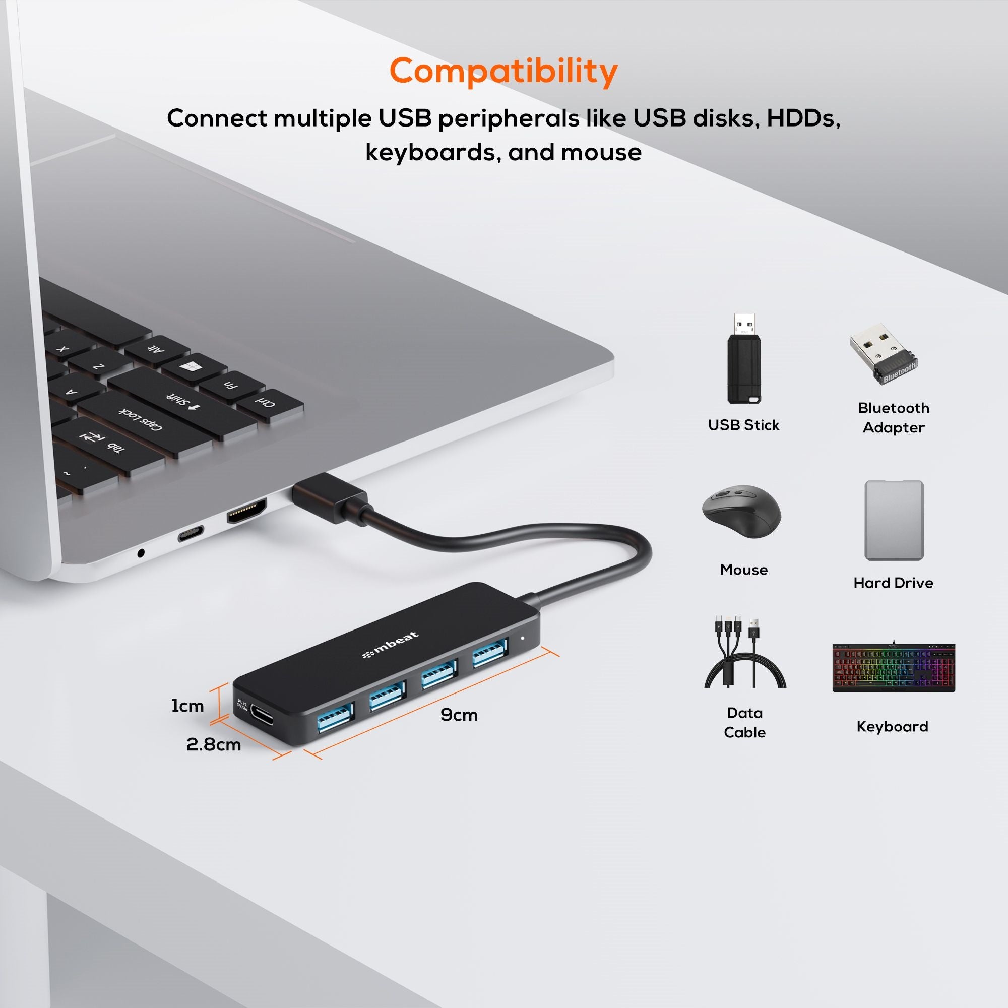 mbeat® 4-Port USB 3.0 Hub with USB-C DC Port  Compact and Portable Design  Expandable Connectivity Data Transfer Speed: 5Gbps Weight: 32g - Image 2