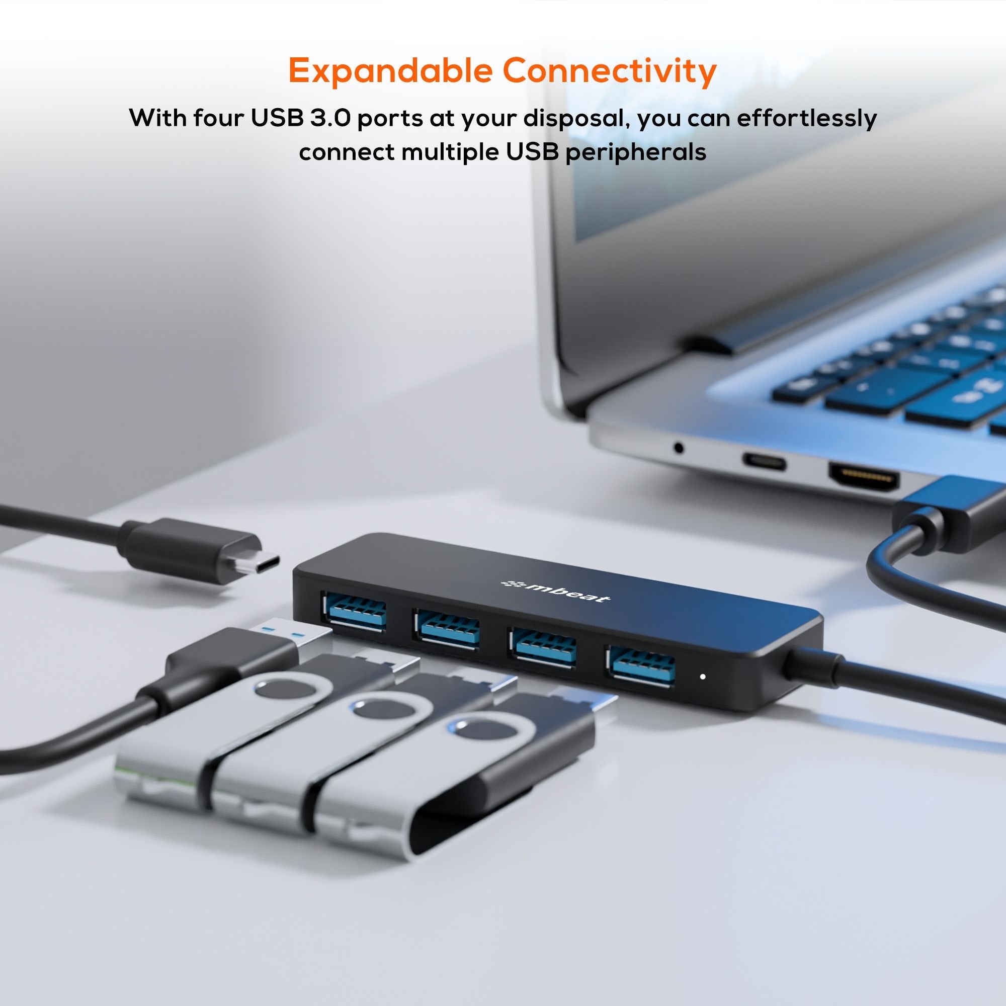 mbeat® 4-Port USB 3.0 Hub with USB-C DC Port  Compact and Portable Design  Expandable Connectivity Data Transfer Speed: 5Gbps Weight: 32g - Image 3