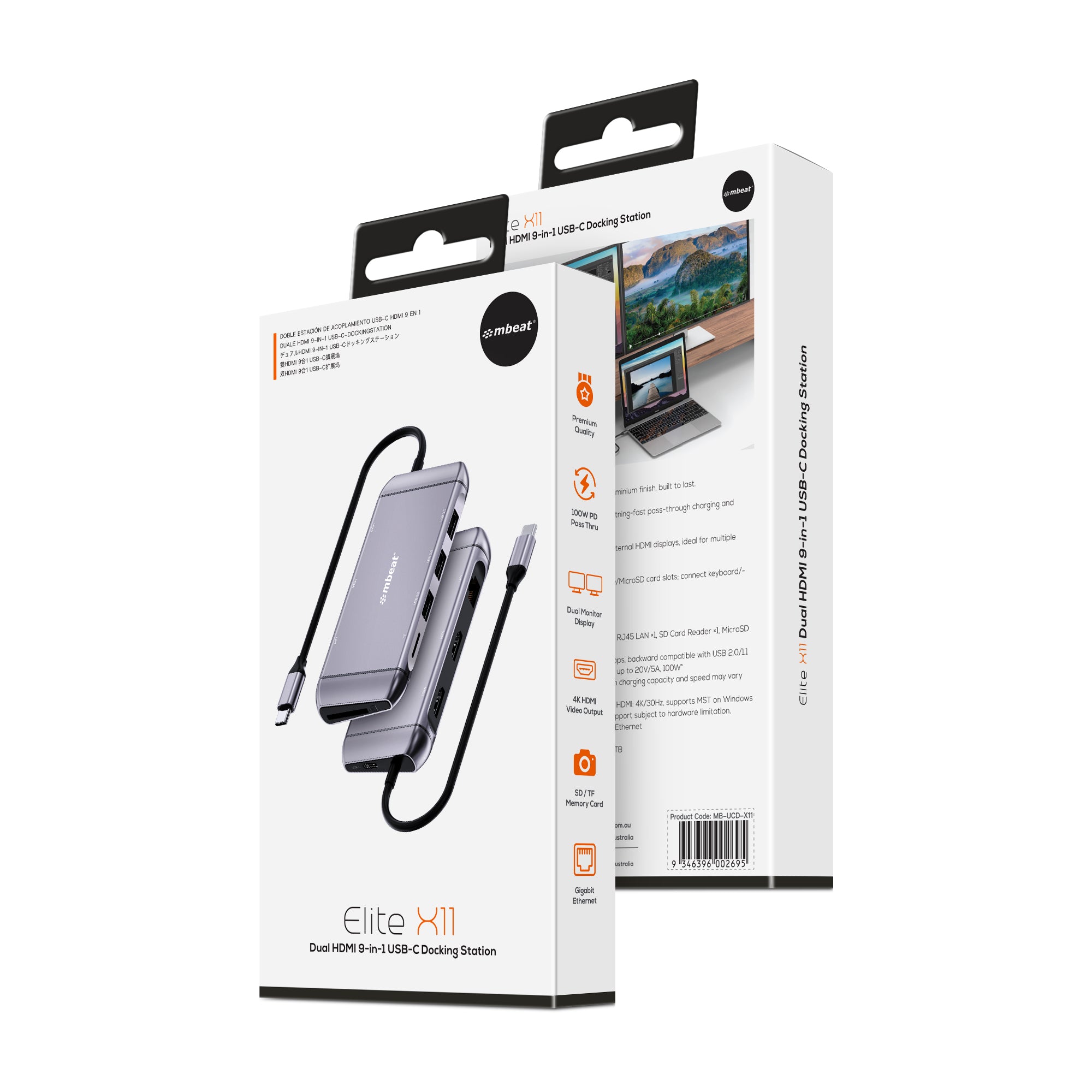 mbeat®  Elite X11 Dual Display Docking Station - 2x 4K HDMI, 1xUSB-C Power Delivery 100W, 3xUSB 3.0, MicroSD/SD Card, 1x RJ45 - Image 4