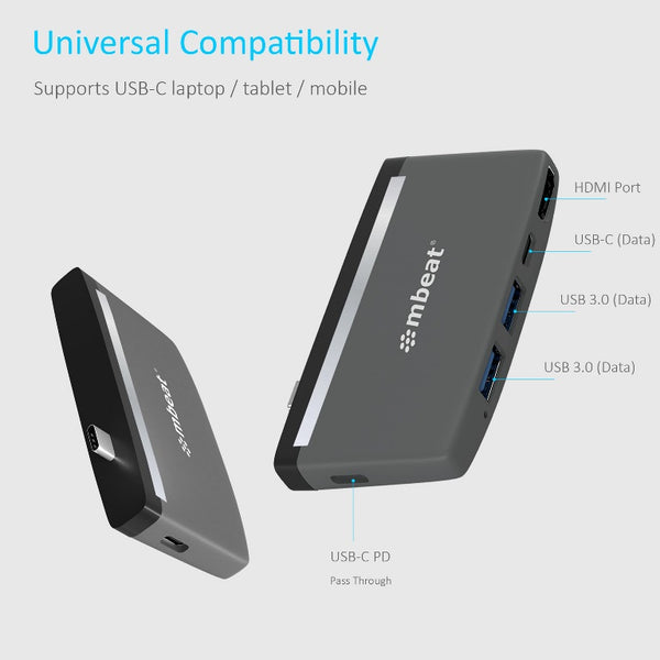 (LS) mbeat® Essential Pro  5-IN-1 USB- C Hub (4k HDMI Video, USB-C PD Pass Through Charging, USB 3.0 x 2, USB-C x 1) USB 3.0 Speed: Up to 5Gbps