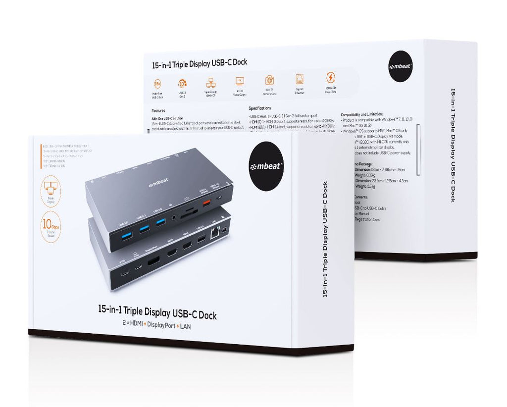 mbeat® 15-in-1 Triple Display USB-C Docking Station 2x HDMI 1x DP 1x 100W PD 3.0 1x USB-C 3.1 Gen2 3x USB 3.0 1x USB 3.1 Gen2 MicroSD/SD Card 1x 1Gb - Image 4