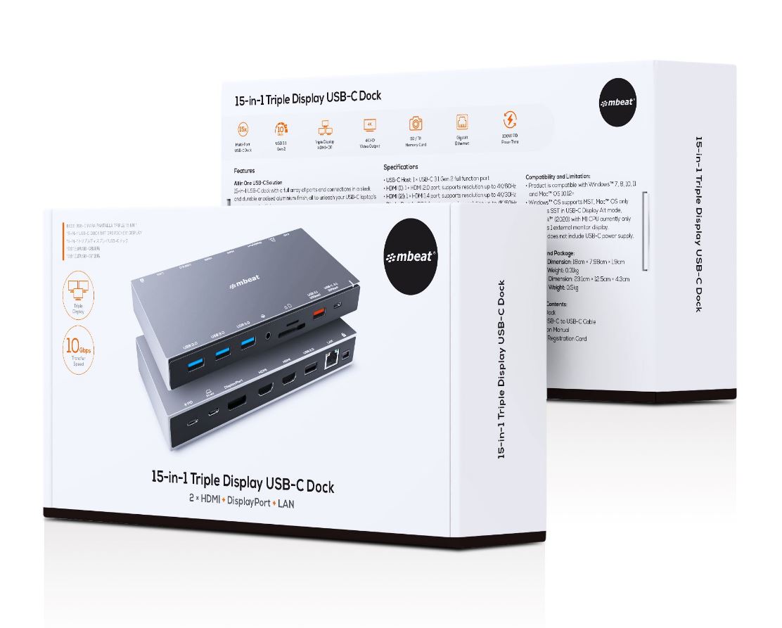 mbeat® 15-in-1 Triple Display USB-C Docking Station 2x HDMI 1x DP 1x 100W PD 3.0 1x USB-C 3.1 Gen2 3x USB 3.0 1x USB 3.1 Gen2 MicroSD/SD Card 1x 1Gb - Image 4