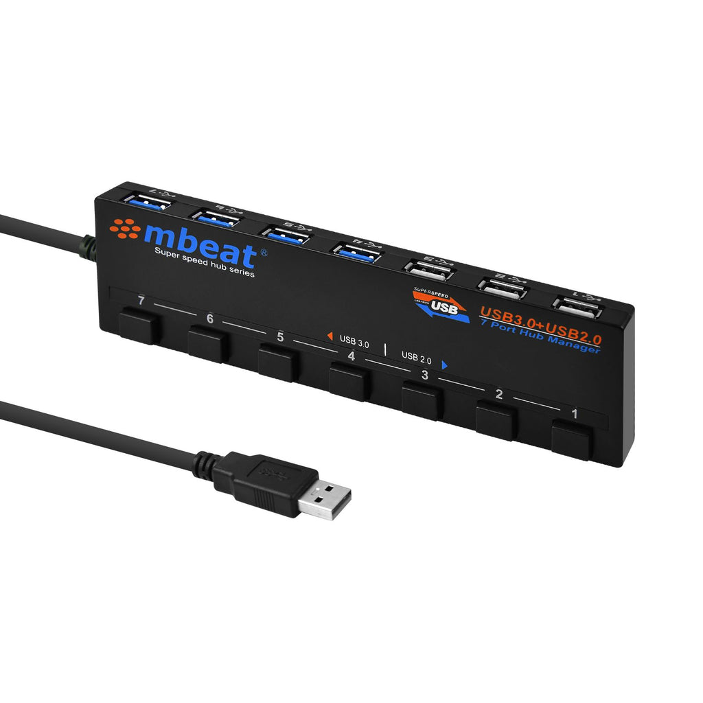 mbeat® 7-Port USB 3.0 & USB 2.0 Powered Hub Manager with Switches - 4x USB 3.0 with 5Gbps/3x USB 2.0 with 2.4Ghz(480Mbps)/Super Fast Hub Weight: 129g - Image 1