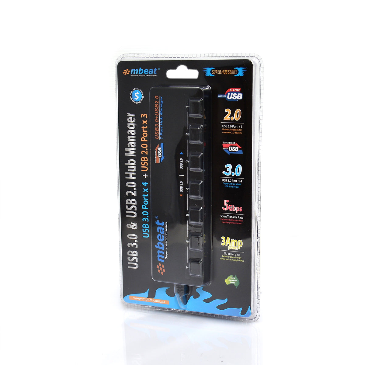 mbeat® 7-Port USB 3.0 & USB 2.0 Powered Hub Manager with Switches - 4x USB 3.0 with 5Gbps/3x USB 2.0 with 2.4Ghz(480Mbps)/Super Fast Hub Weight: 129g - Image 4