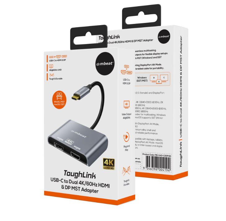 (LS) mbeat® Tough Link USB-C to DP&HDMI Dual 4K/60Hz MST Adapter 4K (3840x2160) @ 60Hz, 4K (3840x2160) @ 30Hz, 2K (2560x1440) @ 60Hz - Space Grey - Image 4