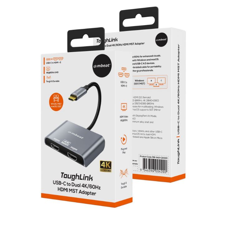 mbeat® Tough Link USB-C to Dual 4K/60Hz HDMI MST Adapter 4K (3840x2160) @ 60Hz, 4K (3840x2160) @ 30Hz, 2K (2560x1440) @ 60Hz- Space Grey - Image 4
