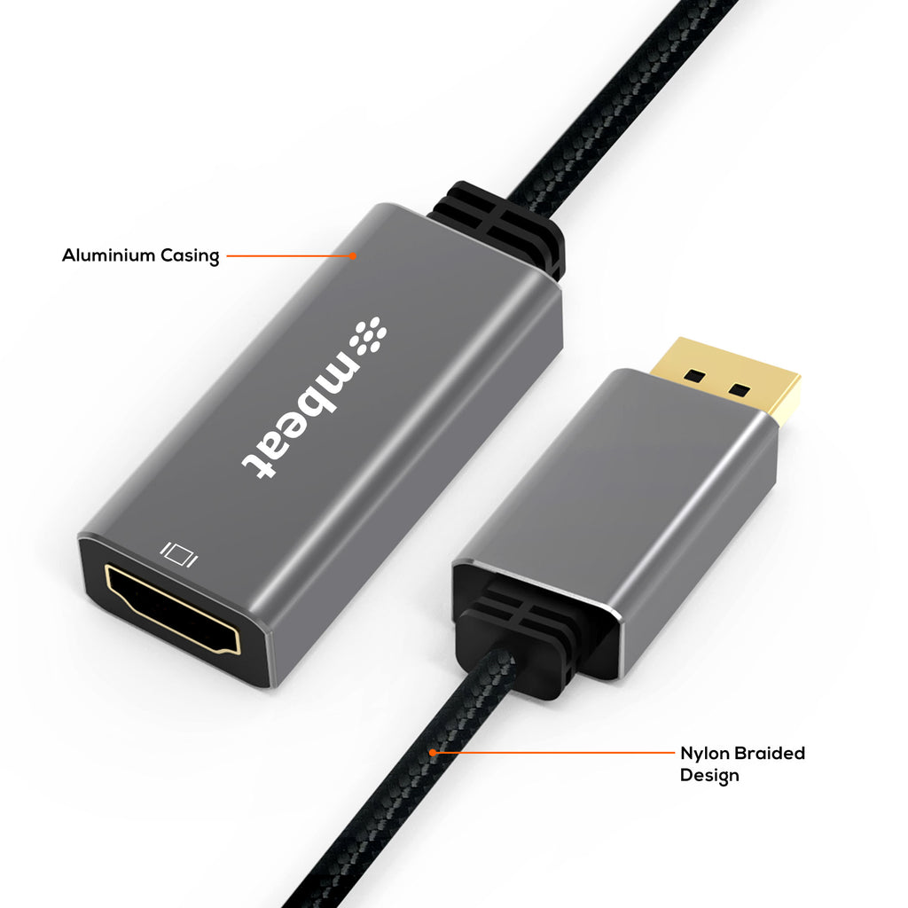 mbeat® Elite Display Port to HDMI Adapter - Converts DisplayPort to HDMI Female Port, Supports 4K@60Hz (3840×2160),  Nylon Braided Cable - Space Grey - Image 2