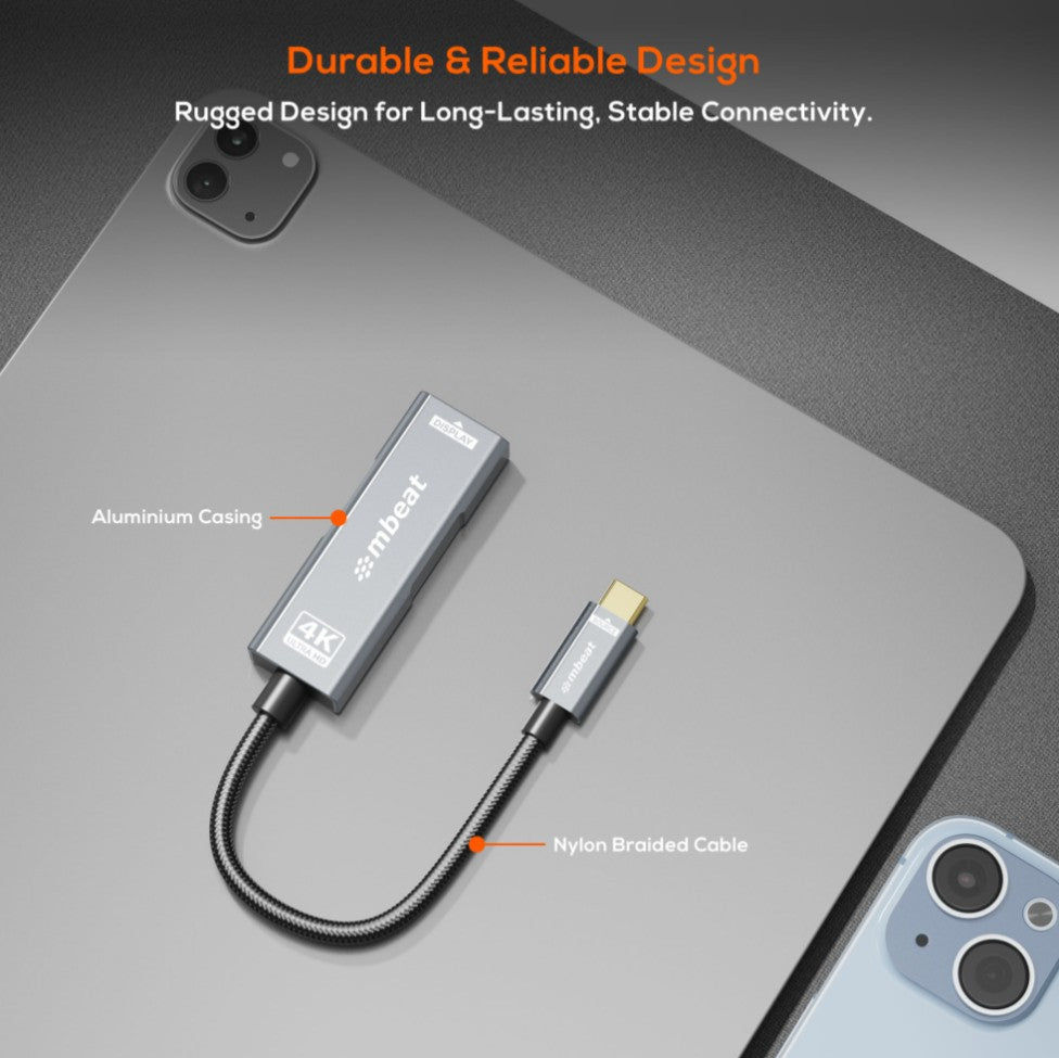 (LS) mbeat® Tough Link USB-C to DP Adapter with 100W PD - Space Grey 4K (3840 x 2160) @60Hz, 2K (2560 x 1440) @144Hz, 1080p (1920 x 1080) @240Hz - Image 2