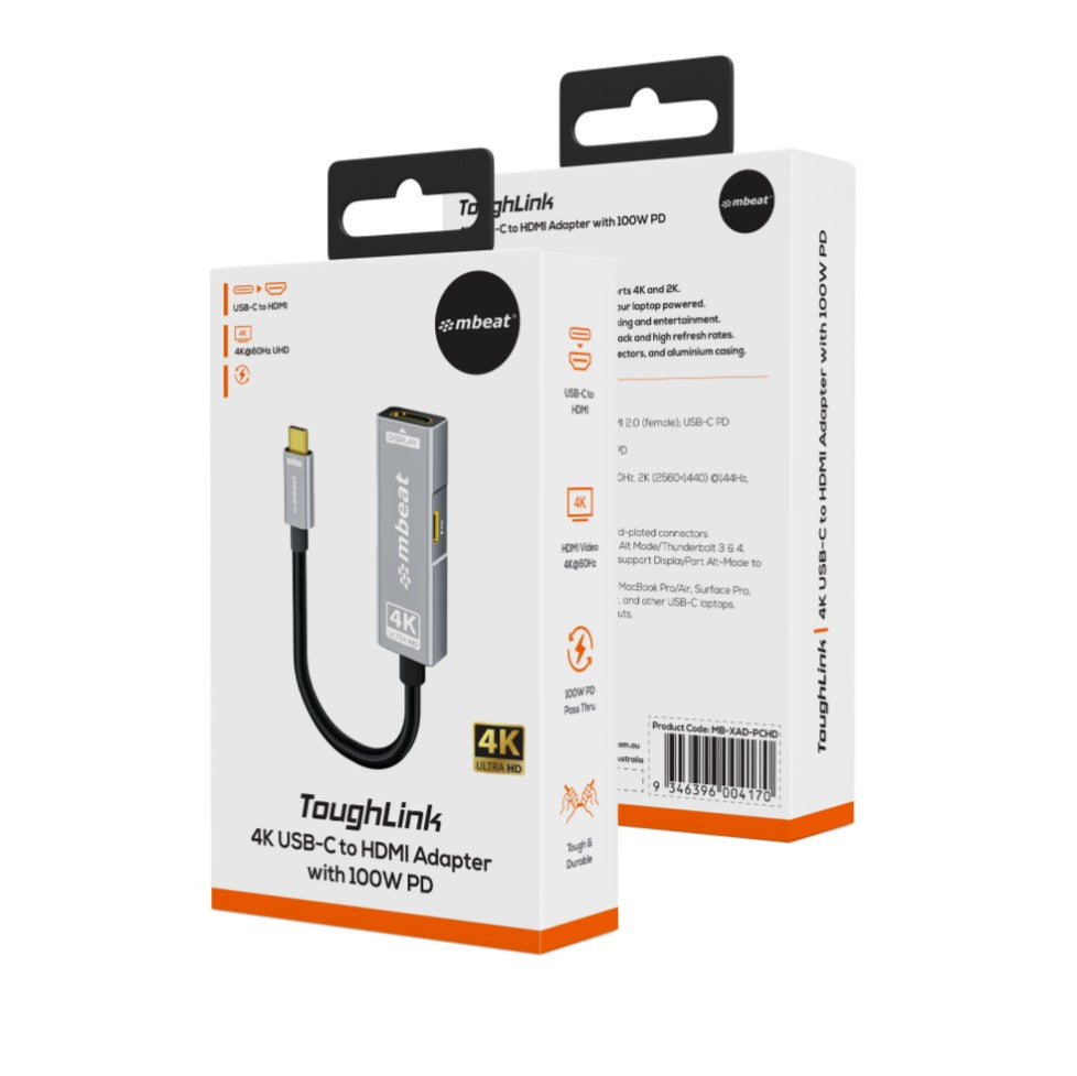 mbeat® Tough Link USB-C to HDMI Adapter with 100W PD - Space Grey  5V-20V/5A, 100W PD  Up to 4K (3840 x 2160) @60Hz - Image 4