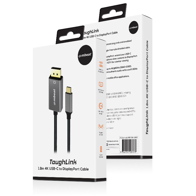 mbeat® Tough Link 1.8m 4K USB-C to Display Port Cable - Converts USB-C to DisplayPort,4K@60Hz (3840×2160), Gold Plated, Aluminium, Nylon Braided Cable - Image 4