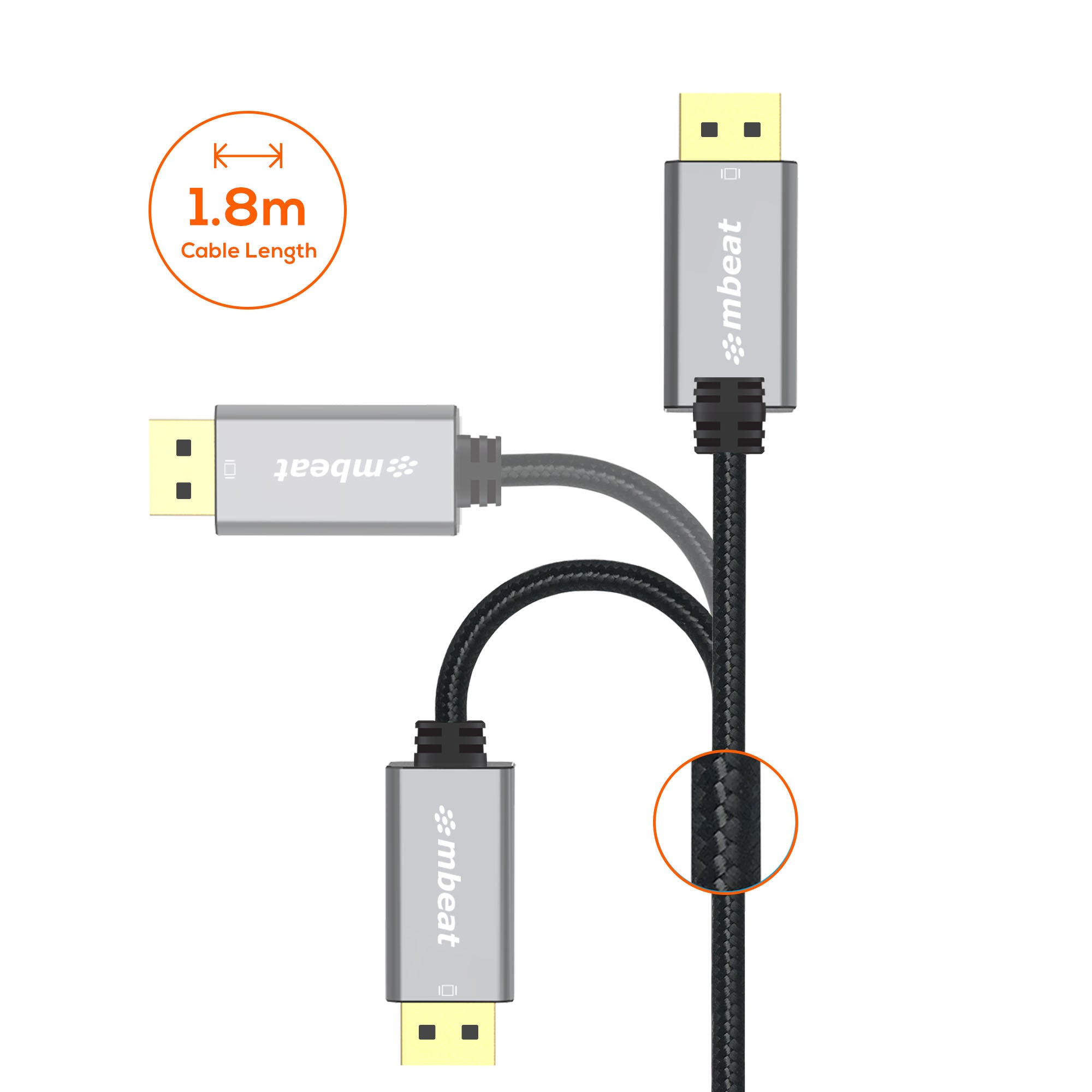 mbeat® Tough Link 1.8m 4K/60Hz Display Port to HDMI Cable -  Connects DisplayPort to HDMI 4K@60Hz (3840×2160), Gold Plated, Aluminium,  Nylon Braided - Image 2