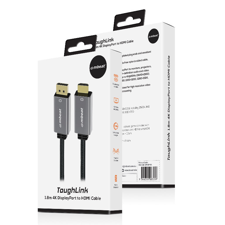 mbeat® Tough Link 1.8m 4K/60Hz Display Port to HDMI Cable -  Connects DisplayPort to HDMI 4K@60Hz (3840×2160), Gold Plated, Aluminium,  Nylon Braided - Image 4