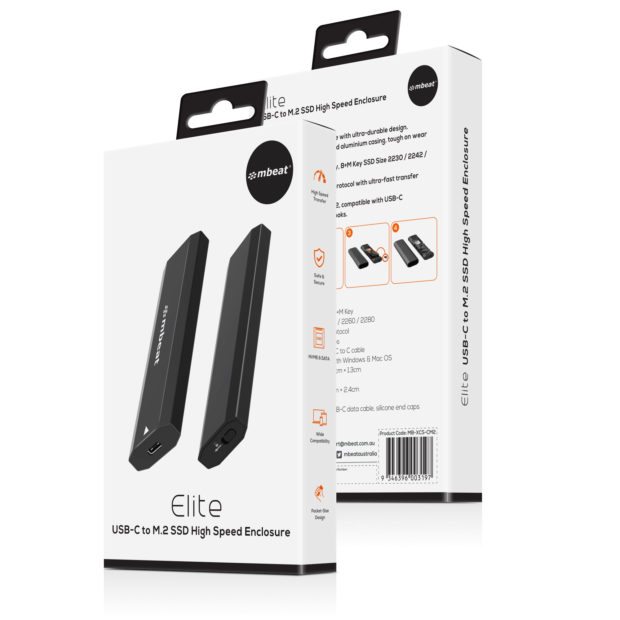 mbeat® Elite USB-C to M.2 SSD Enclosure - Pocket Size, Ultra Durable, Supports M Key, B+M Key SSD Size 2230, 2242, 2260, 2280, NVME, SATA, 50cm Cable - Image 4