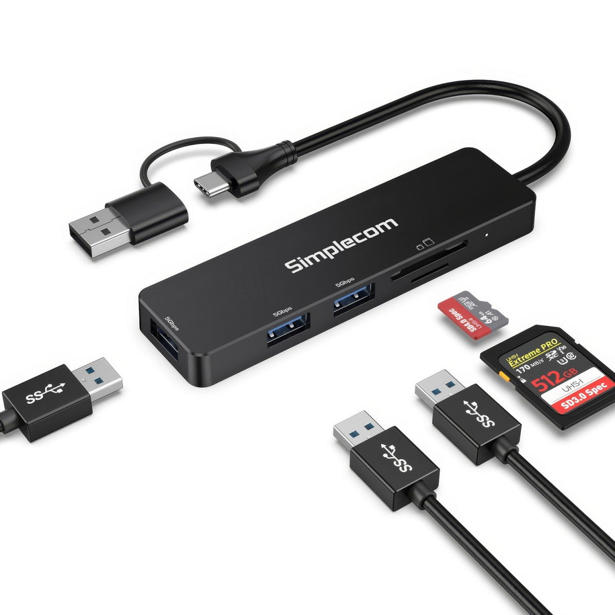 Simplecom CH365C SuperSpeed 3-Port USB Hub with SD MicroSD Card Reader USB-A and USB-C Dual Connector - Image 3