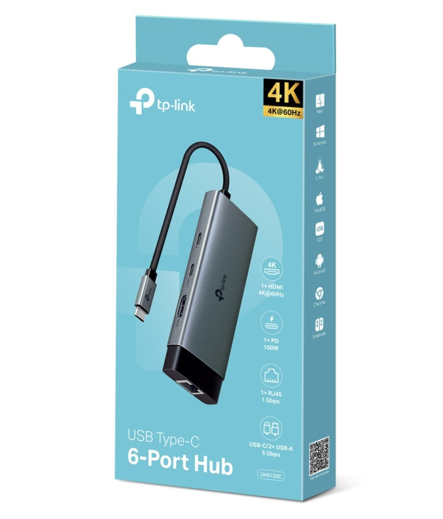 TP-Link UH6120C USB Type-C 6-Port Hub,4K@60Hz HDMI, 1 Gbps ethernet, 100W Power Delivery, 1× USB-C Data Ports, 2× USB-A Data Ports. - Image 1