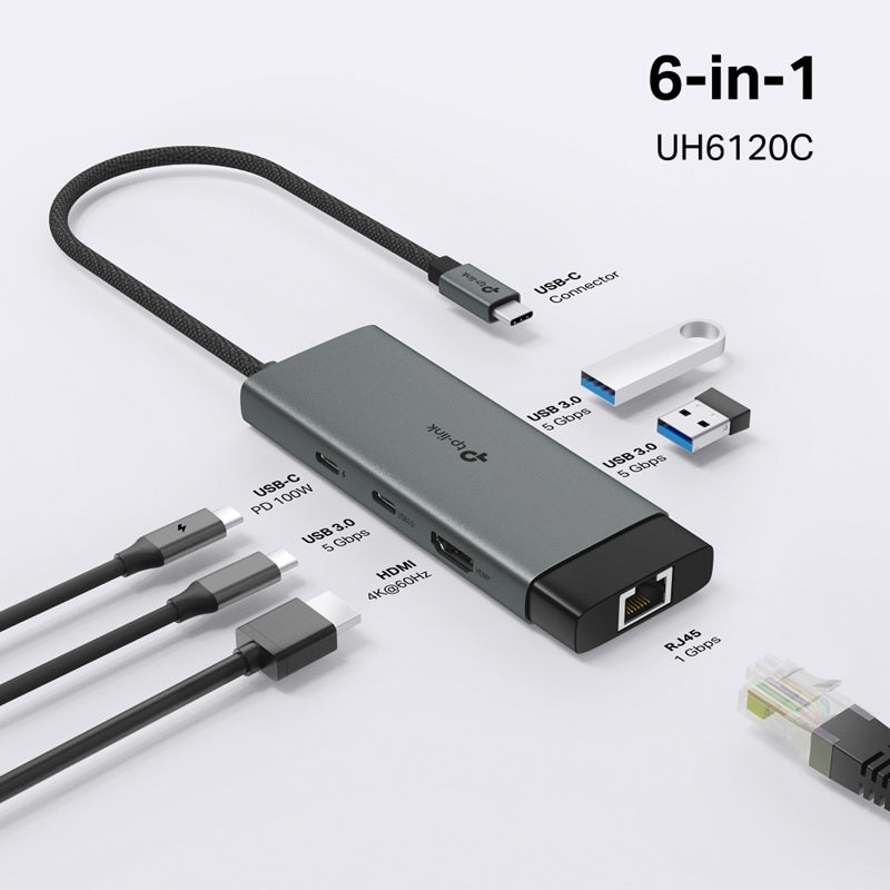 TP-Link UH6120C USB Type-C 6-Port Hub,4K@60Hz HDMI, 1 Gbps ethernet, 100W Power Delivery, 1× USB-C Data Ports, 2× USB-A Data Ports. - Image 4