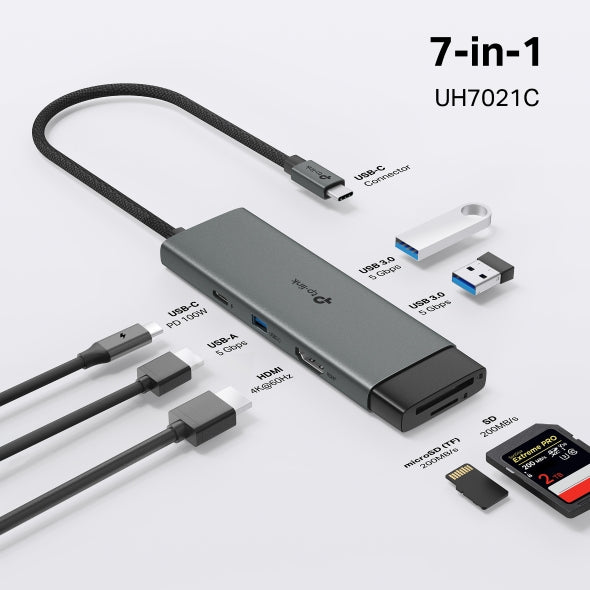 TP-Link UH7021C USB Type-C 7-in-1 Hub,  4K@60Hz HDMI, SD & microSD UHS-I, 100W Power Delivery, 3× USB-A Data Ports. - Image 2