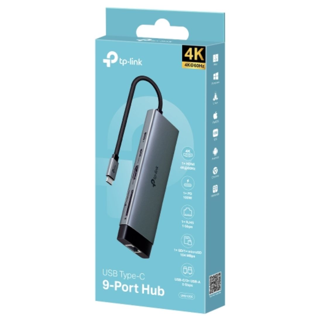 TP-Link UH9120C USB Type-C 9-Port Hub, 4K@60Hz HDMI, 1 Gbps ethernet, SD & microSD UHS-I, 100W Power Delivery, 1× USB-C Data Ports, 3× USB-A Data Port - Image 1