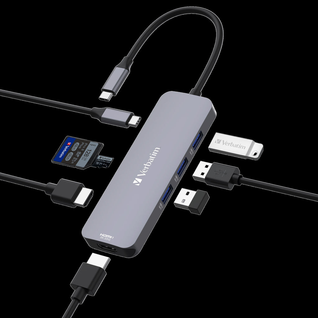 Verbatim USB-C Pro Multiport Hub 8 Ports, 2x HDMI 8K30+4K30 dual display, 3x USB-A 3.2 Gen1, SD + microSD, USB-C PD 100W in/85W to host - Image 1