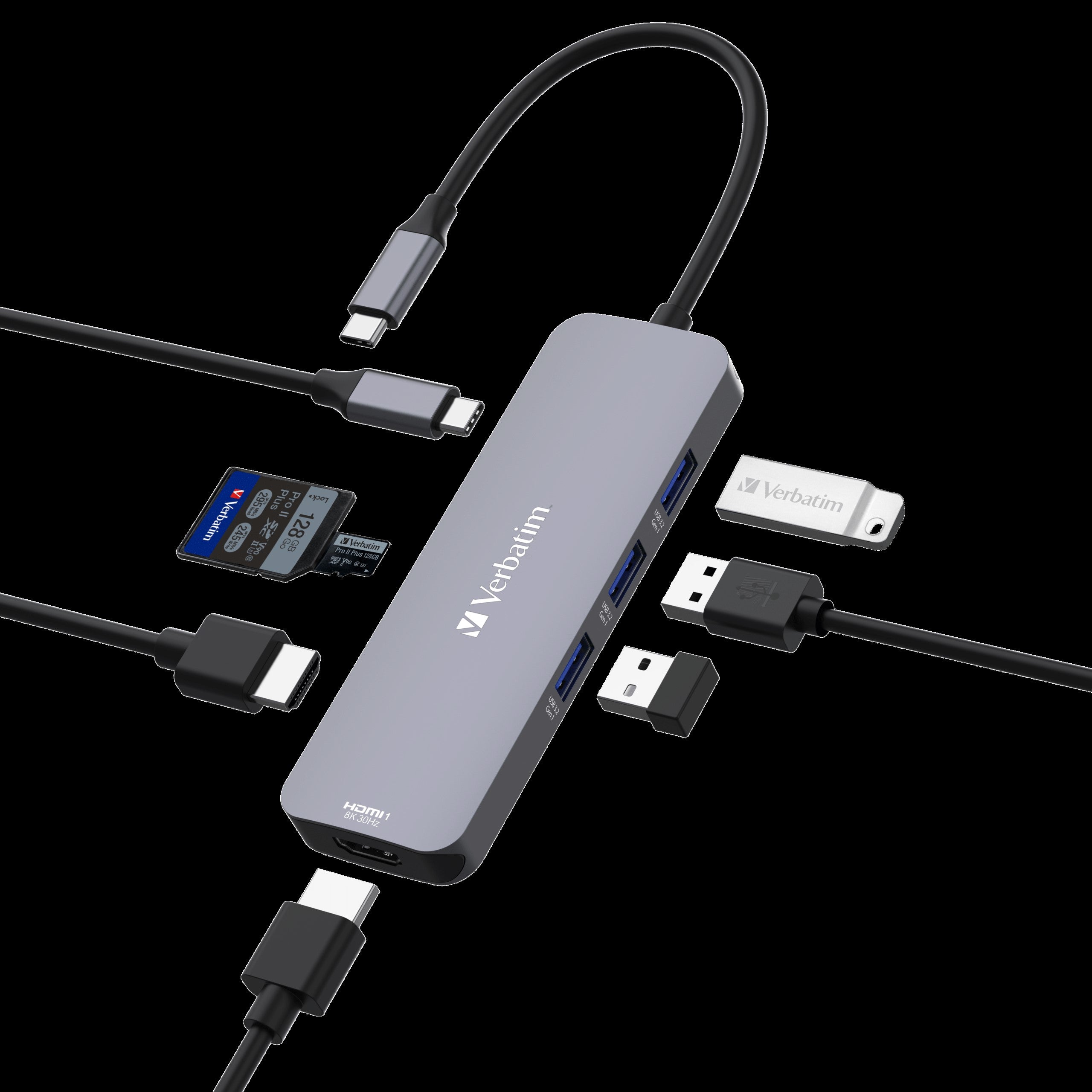 Verbatim USB-C Pro Multiport Hub 8 Ports, 2x HDMI 8K30+4K30 dual display, 3x USB-A 3.2 Gen1, SD + microSD, USB-C PD 100W in/85W to host - Image 1