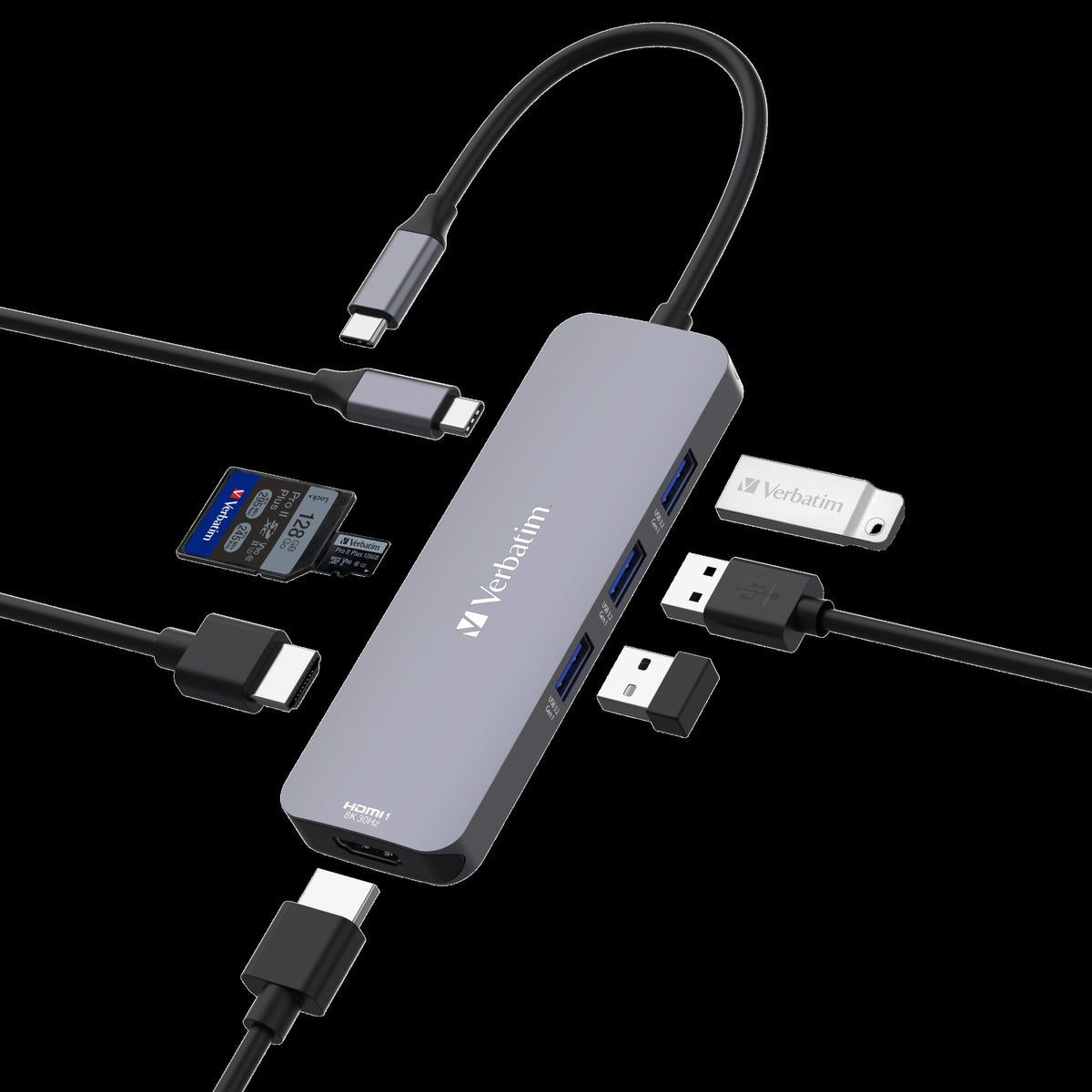 Verbatim USB-C Pro Multiport Hub 8 Ports, 2x HDMI 8K30+4K30 dual display, 3x USB-A 3.2 Gen1, SD + microSD, USB-C PD 100W in/85W to host - Image 2