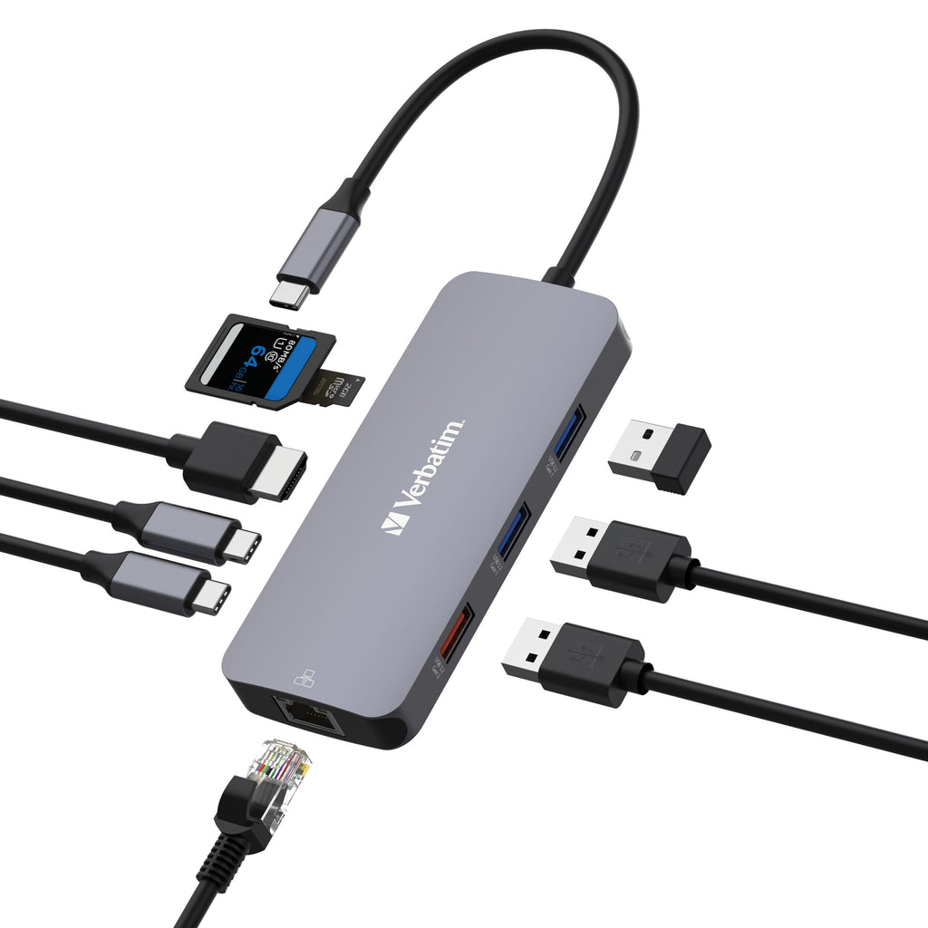 Verbatim USB-C Pro Multiport Hub 9 Ports, HDMI 4K60, RJ45 1GbE, 2x USB-C + USB-A 3.2 Gen2 10Gbps data only, 2x USB-A Gen1, SD + microSD, bus powered - Image 1