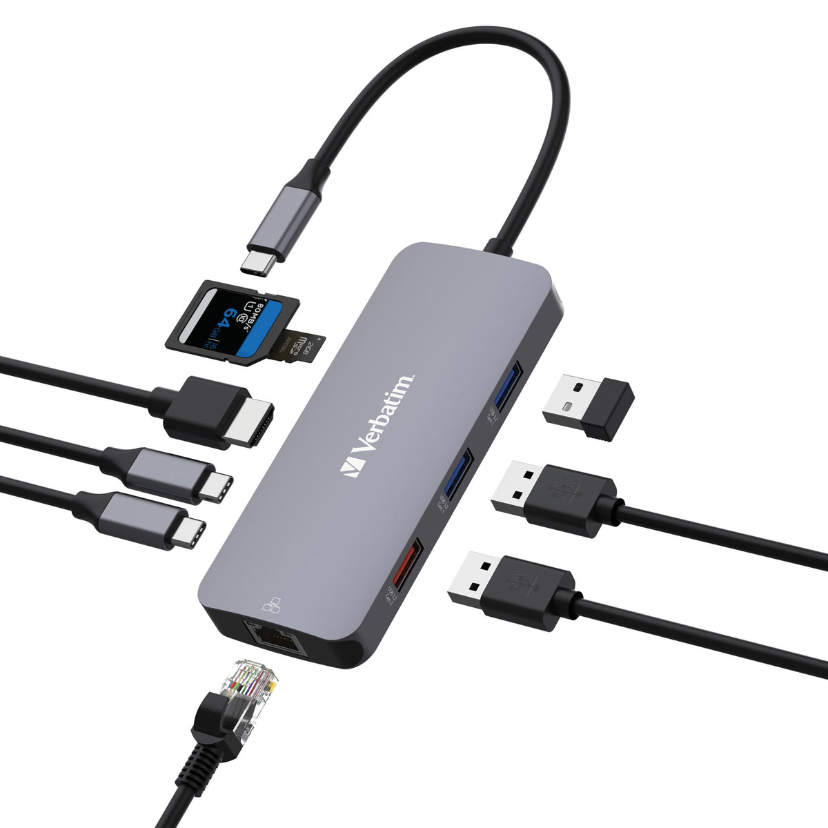 Verbatim USB-C Pro Multiport Hub 9 Ports, HDMI 4K60, RJ45 1GbE, 2x USB-C + USB-A 3.2 Gen2 10Gbps data only, 2x USB-A Gen1, SD + microSD, bus powered - Image 1