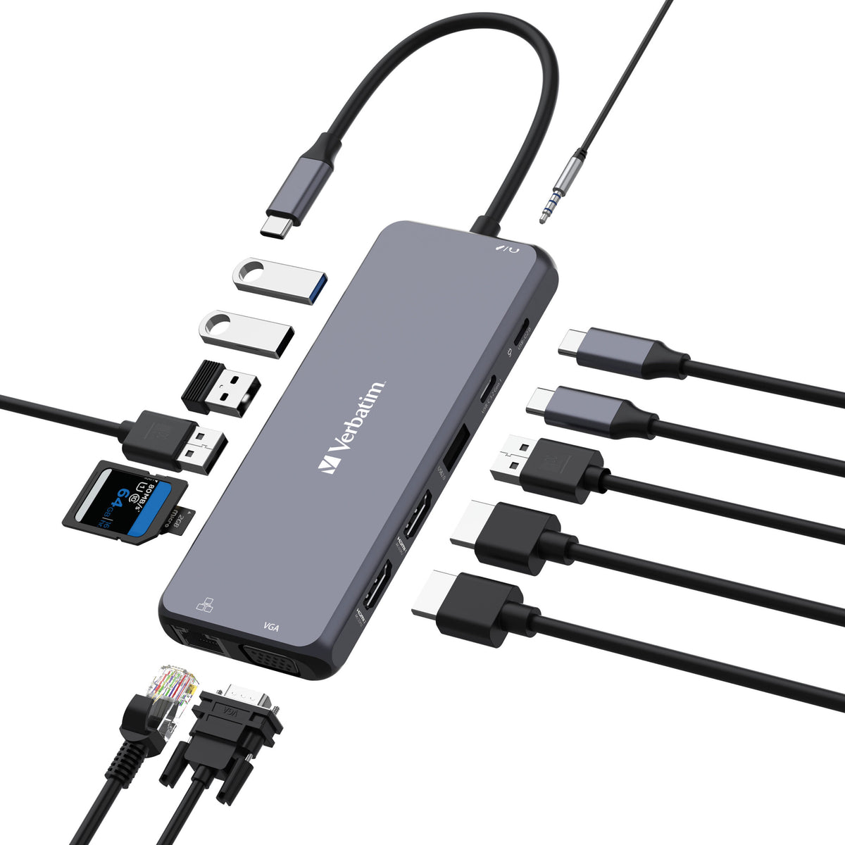 Verbatim USB-C Pro Multiport Hub 14 Ports, 2x HDMI 4K + VGA, RJ45 1GbE, USB-C PD 100W in/85W to host, USB-C data + 5x USB-A, SD + microSD, audio - Image 2