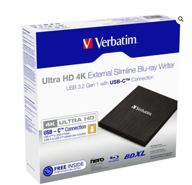 Verbatim External Slim Blue-ray Writer Ultra HD 4K Type-C Connection, USB 3.1 Gen1. Includes Nero Burning Software. Ultra Portable. New 2025 - Image 1