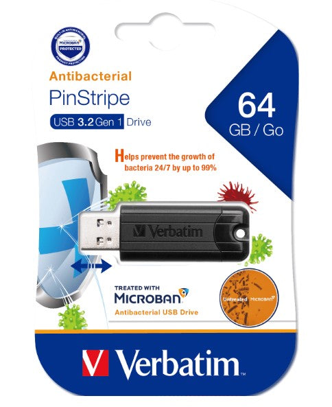 (LS)Verbatim 64GB Antibacterial Pinstripe USB 3.0 Drive (with Microban®) Black - Image 1