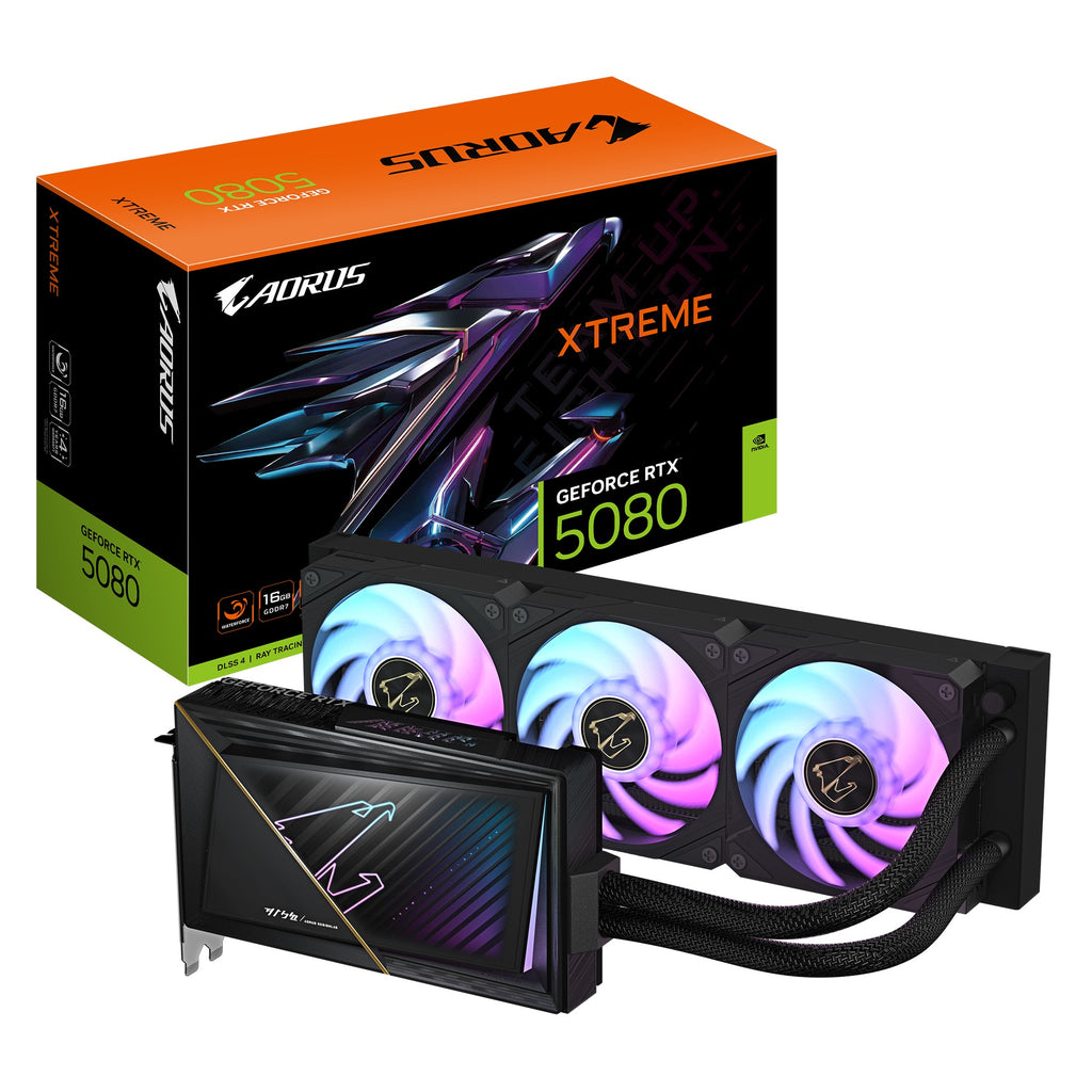 Gigabyte AORUS GeForce RTX™ 5080 XTREME WATERFORCE 16G, 2805 MHz, CUDA 10752, 30 Gbps, GDDR7, 256 bit, PCI-E 5.0, PSU 850W, HDMI 2.1b x1 - Image 1