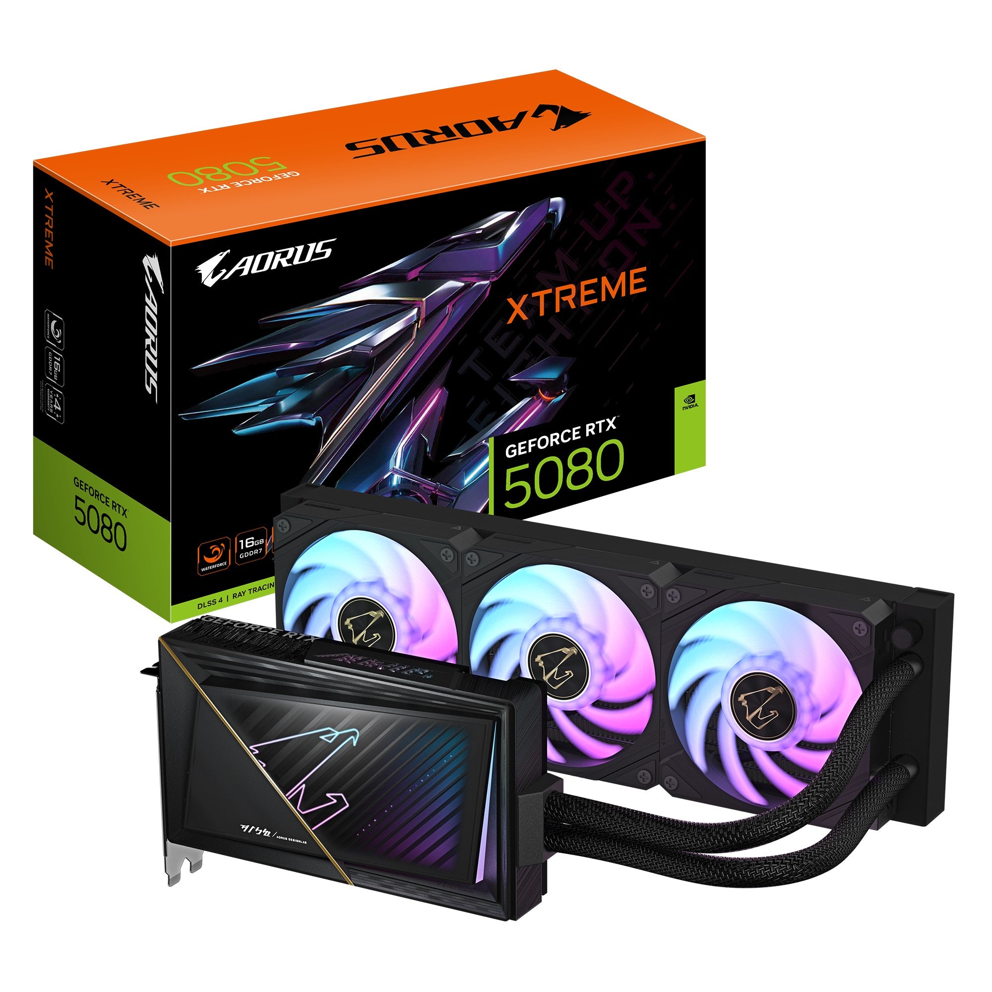 Gigabyte AORUS GeForce RTX™ 5080 XTREME WATERFORCE 16G, 2805 MHz, CUDA 10752, 30 Gbps, GDDR7, 256 bit, PCI-E 5.0, PSU 850W, HDMI 2.1b x1 - Image 1