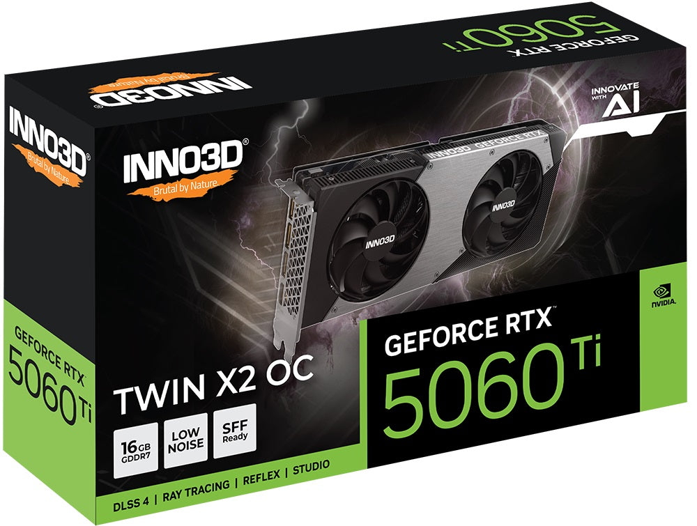 INNO3D nVidia GeForce RTX 5060 Ti TWIN X2 OC 16GB GDDR7,  2602MHz Boost Clock, RAM 28Gbps, 3xDP, 1xHDMI 250x116x41mm - Image 2